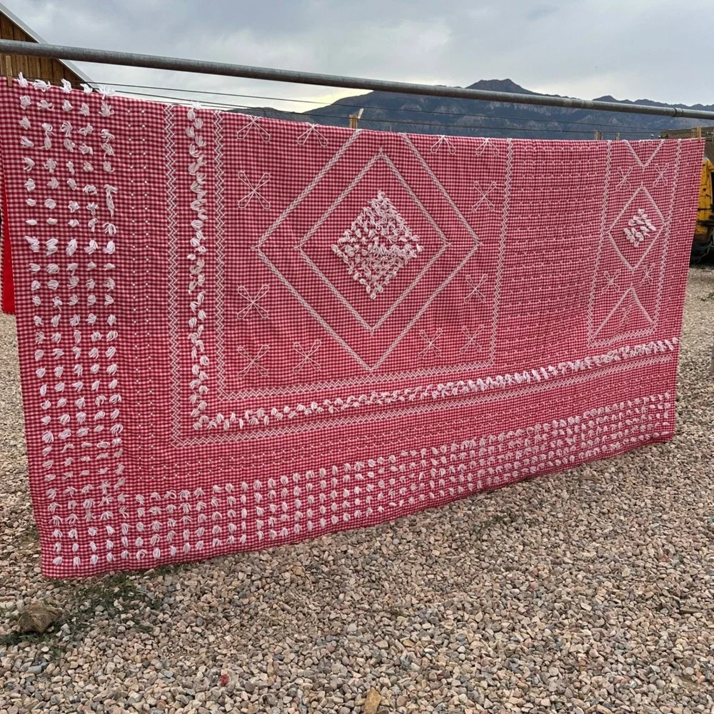 Vintage Hand Quilted Red Gingham Check Embroidery Tufted Blanket Quilt 84x62